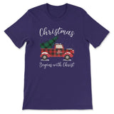 Christmas begins with Christ plaid truck Christian t-shirt Team Purple / S