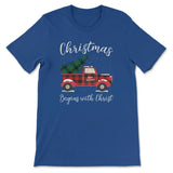 Christmas begins with Christ plaid truck Christian t-shirt True Royal / S
