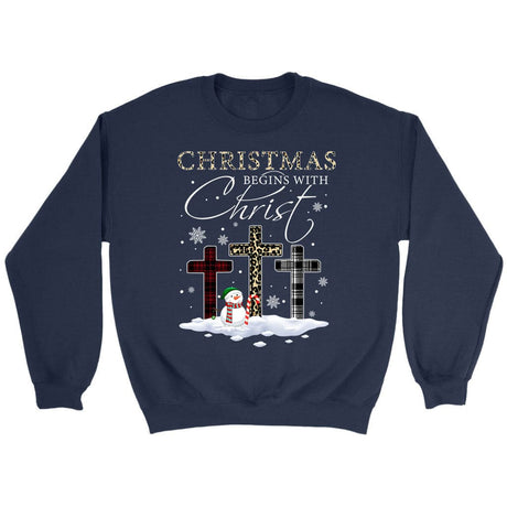 Christmas Begins With Christ Crosses Snowman Christmas Sweatshirt Navy / S