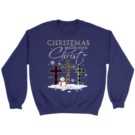 Christmas Begins With Christ Crosses Snowman Christmas Sweatshirt Purple / S