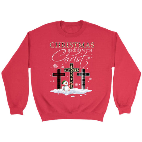 Christmas Begins With Christ Crosses Snowman Christmas Sweatshirt Red / S