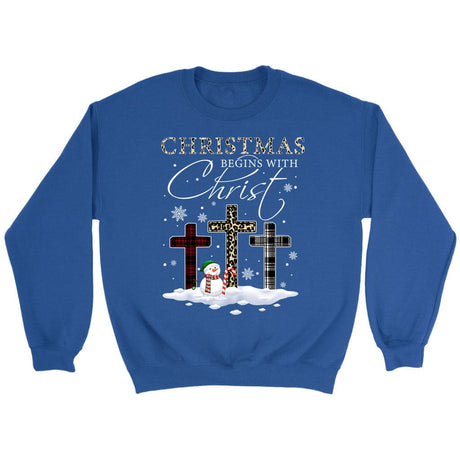 Christmas Begins With Christ Crosses Snowman Christmas Sweatshirt Royal / S