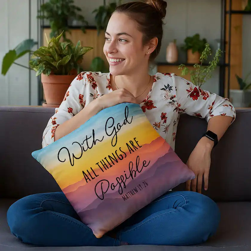 A colorful throw pillow with an inspirational quote.