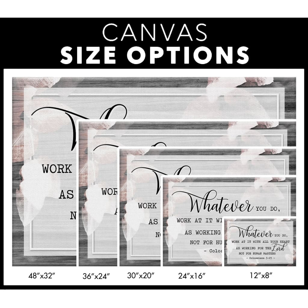 Modern Christian wall art with Colossians 3:23, perfect for inspiring dedication and faith in daily life / canvas size options.