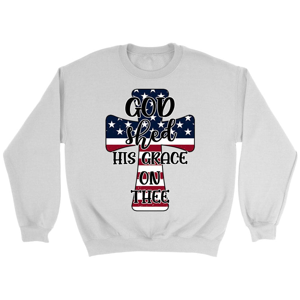 Cross american flag God shed his grace on thee sweatshirt White / S