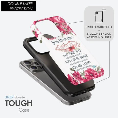 Faith-based Christian phone case with "God Made You Beautiful," personalized with custom name, ideal for inspirational gifts.