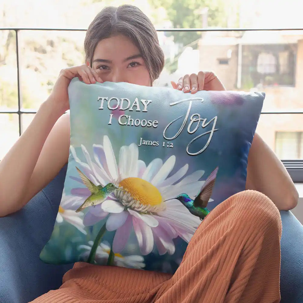 Decorative pillow with a daisy design and ’Today I Choose Joy’ text on a blue gradient background.