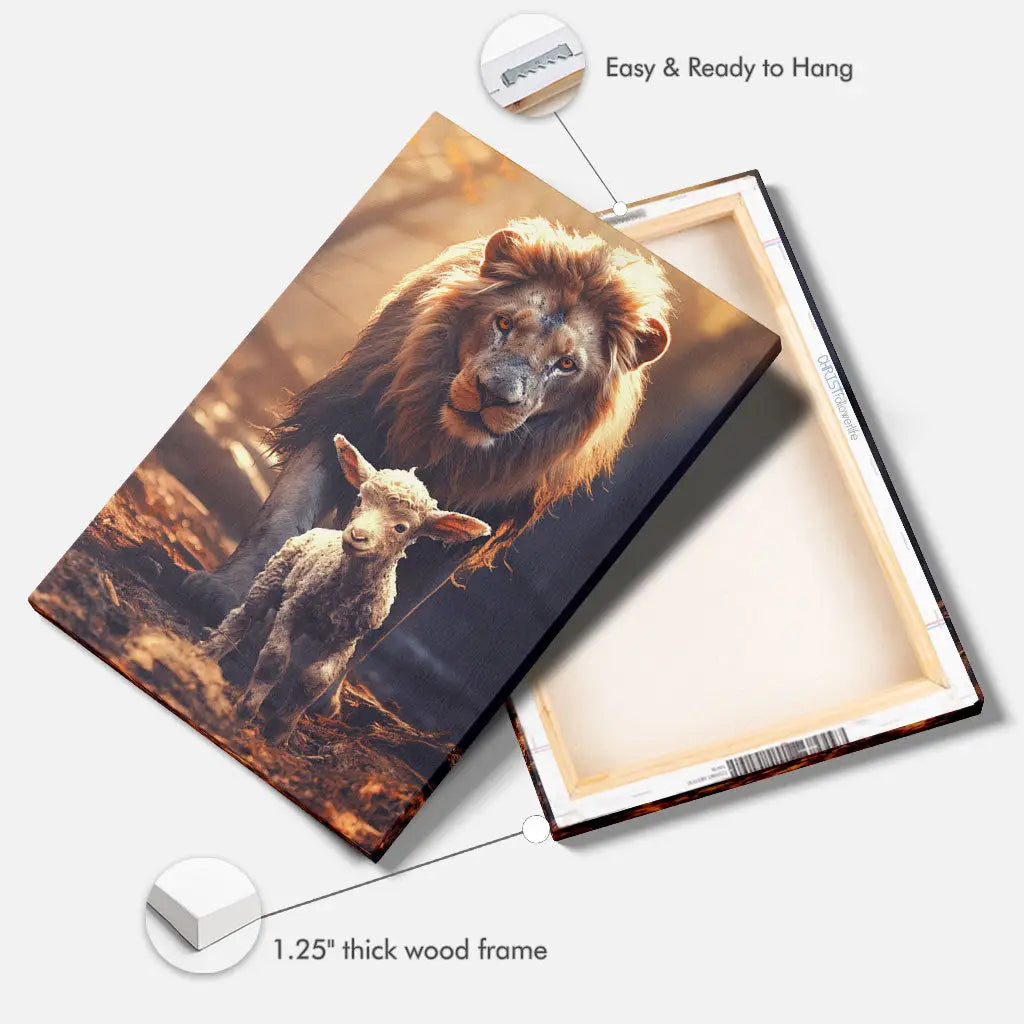 Religious wall art canvas featuring the Lion of Judah and lamb in the forest, perfect for faith-filled home decor.