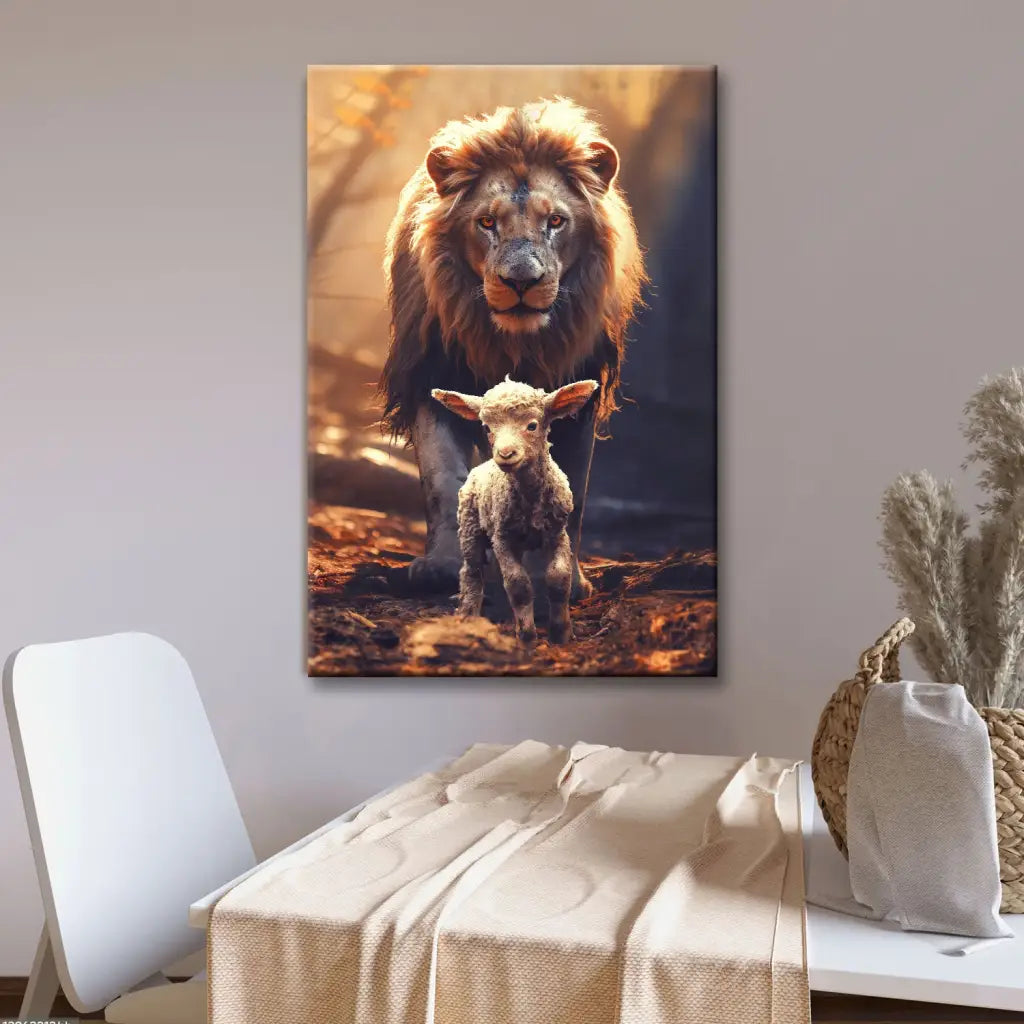 Inspirational canvas print with the Lion of Judah and lamb in the forest, representing divine protection, ideal Christian wall art.