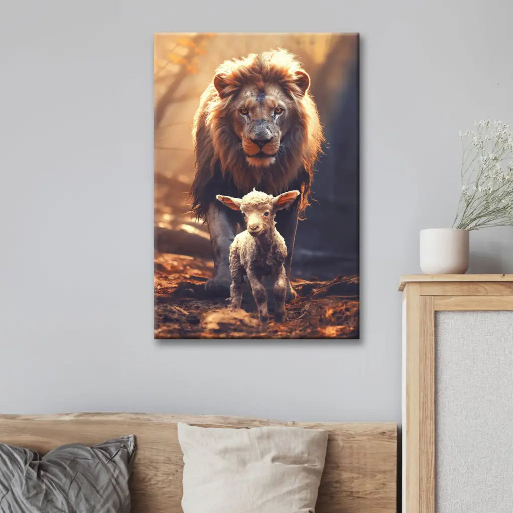 Faith-based wall art with Lion of Judah and lamb in a forest setting, symbolizing divine protection, great for Christian homes.