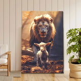 Christian wall art featuring the Lion of Judah with a lamb in the forest, symbolizing divine protection, perfect faith-based home decor.