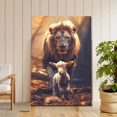 Christian wall art featuring the Lion of Judah with a lamb in the forest, symbolizing divine protection, perfect faith-based home decor.