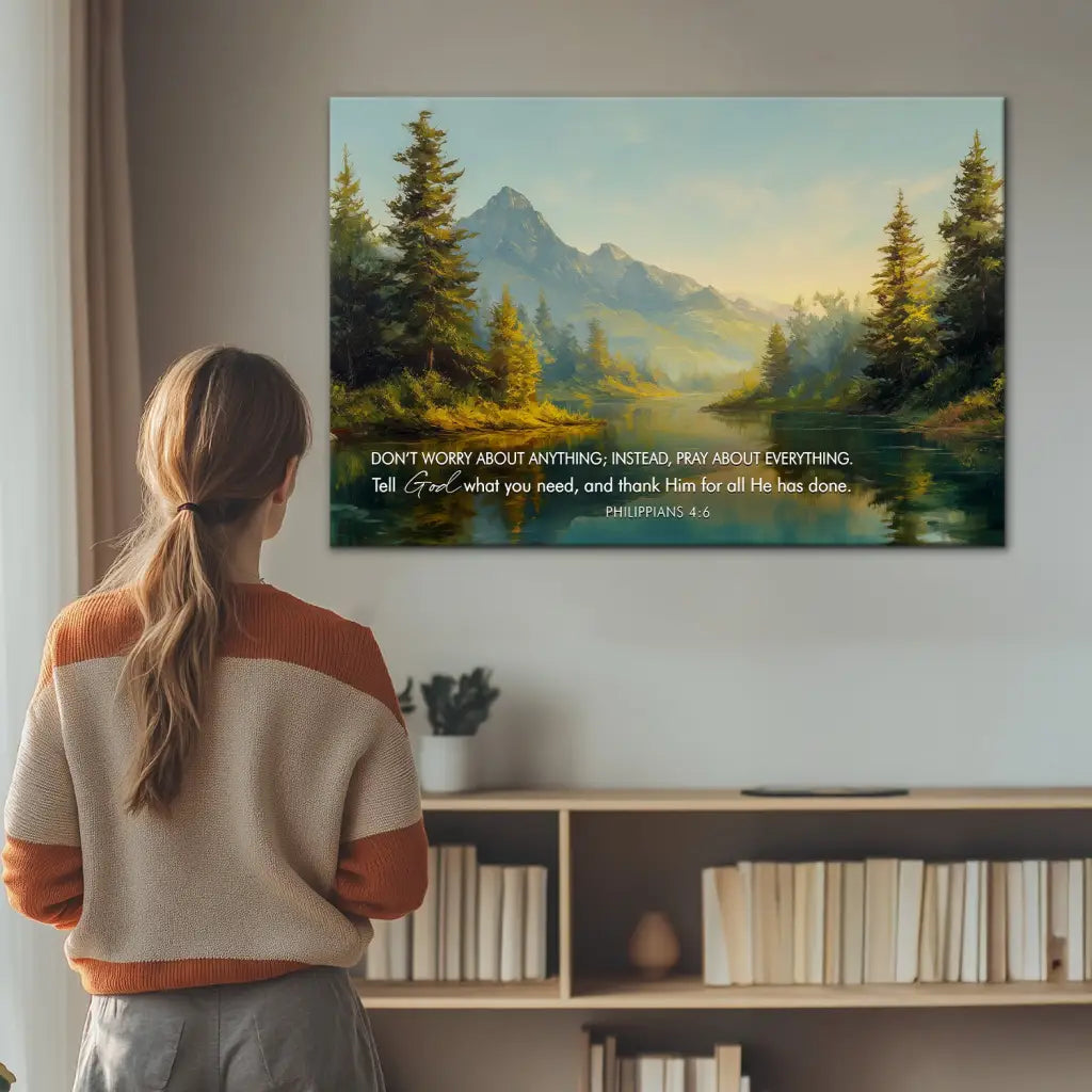 Faith-inspired wall decor with “Don’t Worry, Pray About Everything” verse from Philippians 4:6.
