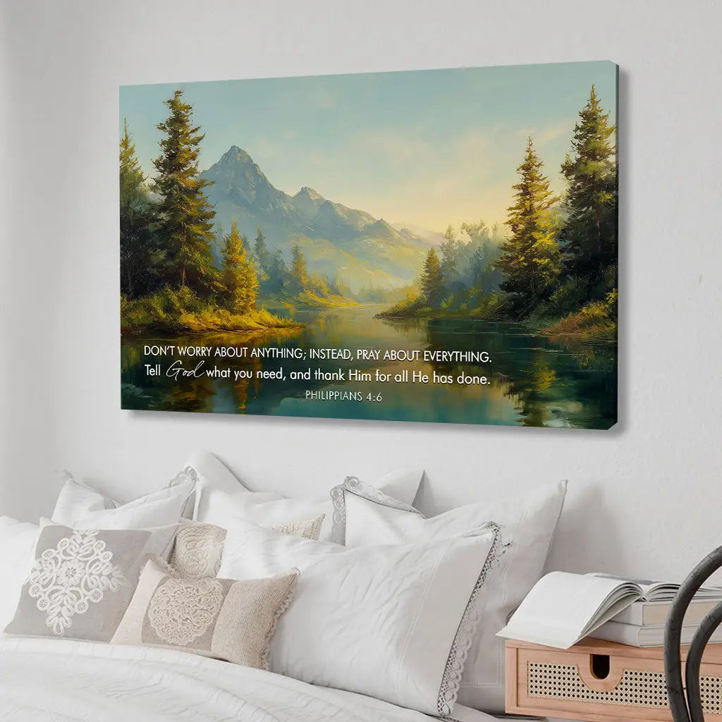 Don’t Worry, Pray About Everything wall art canvas with peaceful mountain and river scene.