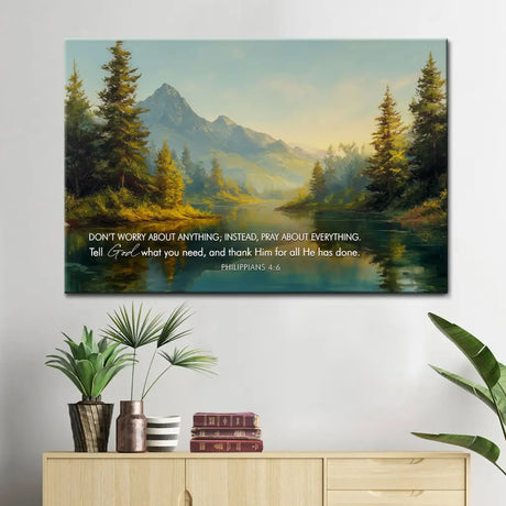 Christian wall art featuring Philippians 4:6 reminding believers to pray instead of worry.