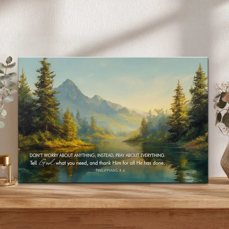 Beautiful Bible verse canvas bringing calm and trust through scenic mountain artwork.