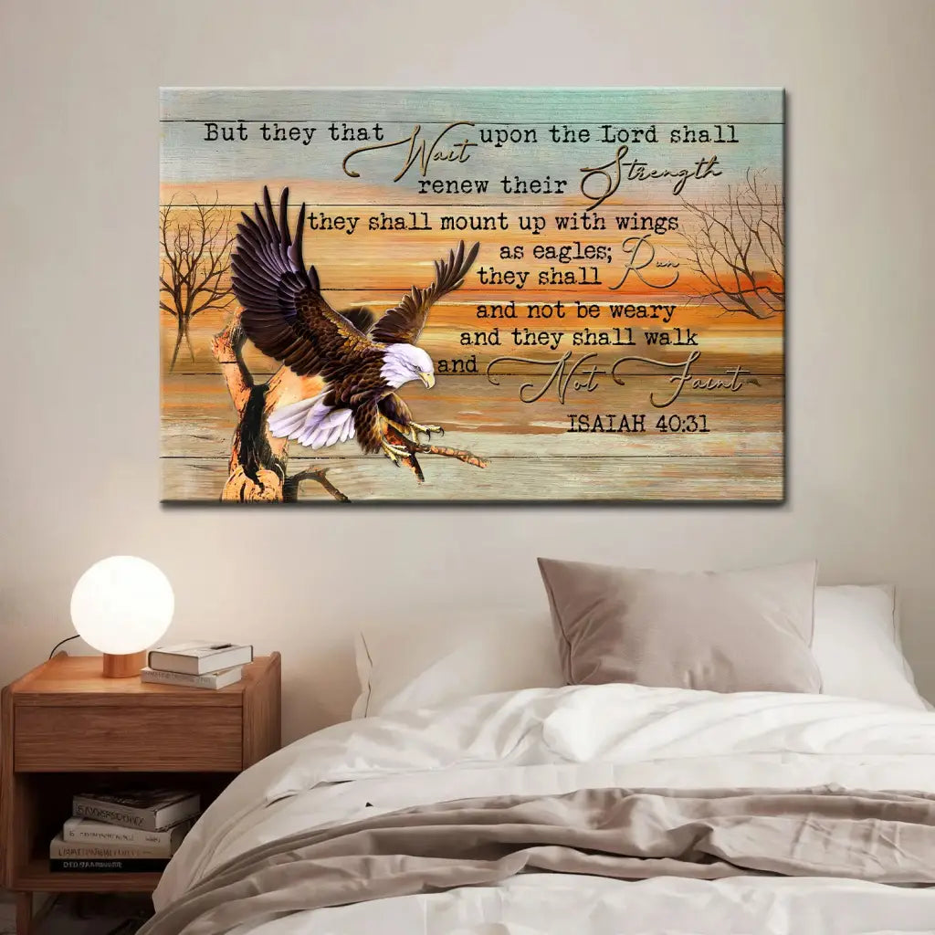 Inspirational Bible verse wall art: Isaiah 40:31 with a soaring eagle. Perfect Christian home decor or gift.