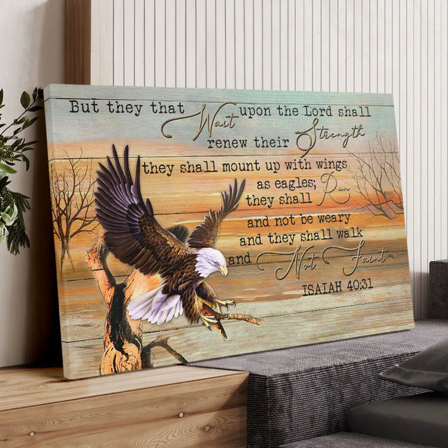 Christian wall art canvas: "They that wait upon the Lord" Isaiah 40:31, featuring an eagle with outstretched wings.