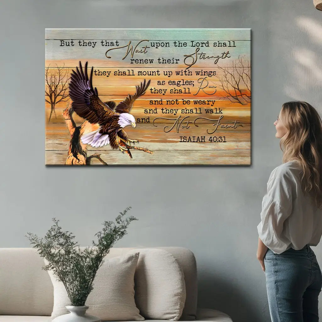 Faith-based canvas print with Isaiah 40:31: "They that wait upon the Lord," showcasing a majestic eagle wingspan.