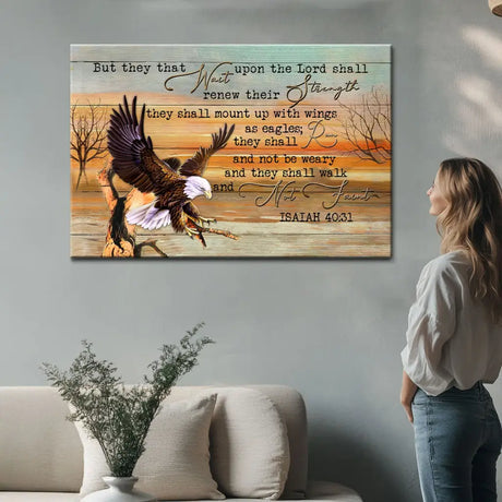 Faith-based canvas print with Isaiah 40:31: "They that wait upon the Lord," showcasing a majestic eagle wingspan.