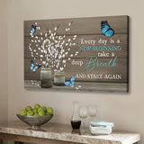 Christian wall art canvas featuring "Every Day Is A New Beginning" with butterfly and flower design, ideal for inspirational decor.