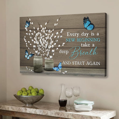 Christian wall art canvas featuring "Every Day Is A New Beginning" with butterfly and flower design, ideal for inspirational decor.