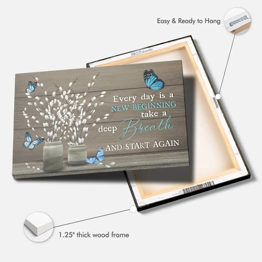 Everyday is a new beginning canvas, Christian faith gift with Bible verse, Jesus, and butterflies.