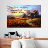 Christian wall art canvas featuring "Every day Is a New Beginning," showcasing an American barn, perfect for inspirational decor.