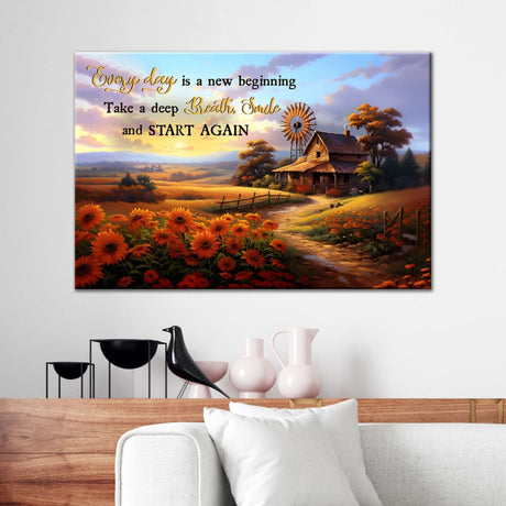 Christian wall art canvas featuring "Every day Is a New Beginning," showcasing an American barn, perfect for inspirational decor.