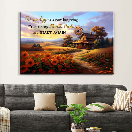Christian artwork displaying "Every day Is a New Beginning" with a rustic American barn, ideal for faith-based gifts.