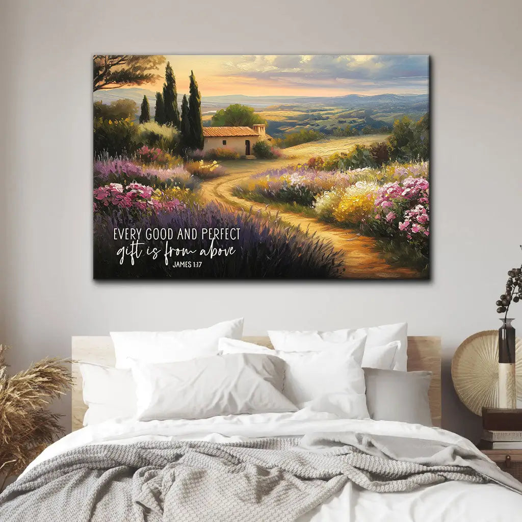 Christian wall art featuring James 1:17 reminding believers of God’s abundant blessings.