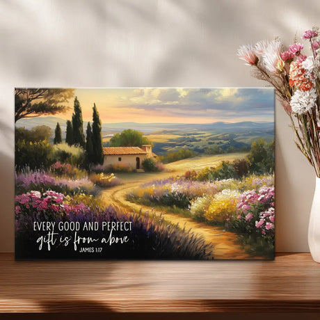 Inspirational floral landscape canvas celebrating God as the giver of every good gift.