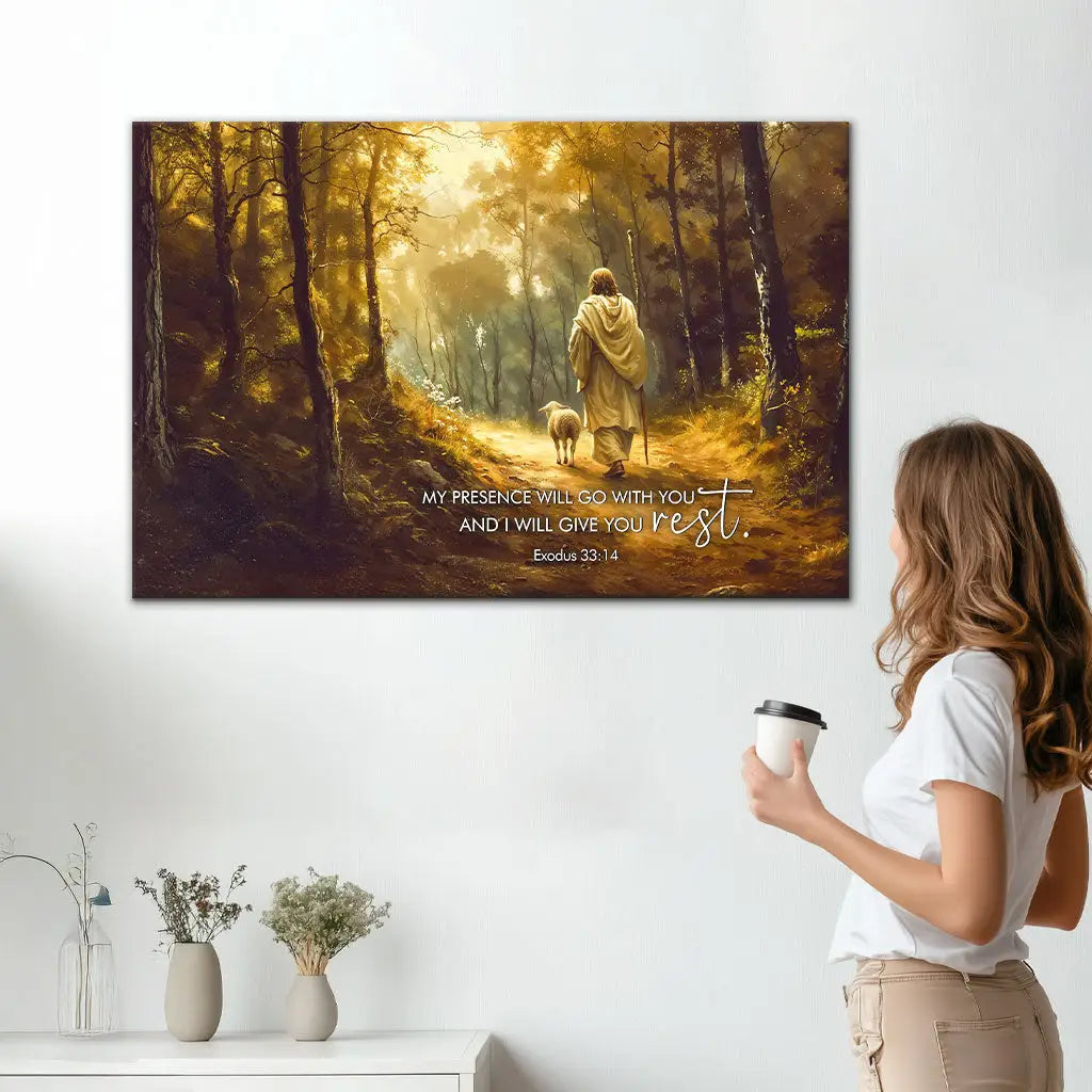 Inspirational Christian canvas with Jesus, lamb, and Bible verse, perfect for faith and comfort.