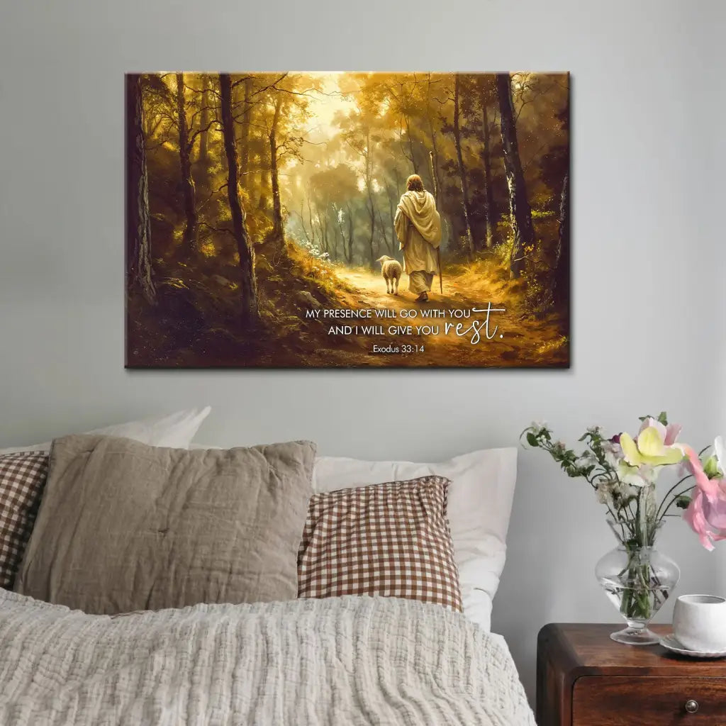 Christian wall art of Jesus walking with lamb, faith-based gift for birthdays, baptism, or comfort.