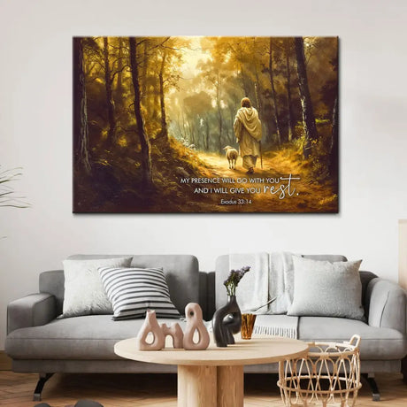 Jesus walking with lamb wall art, Christian canvas with Bible verse, faith-based gift for home or church.