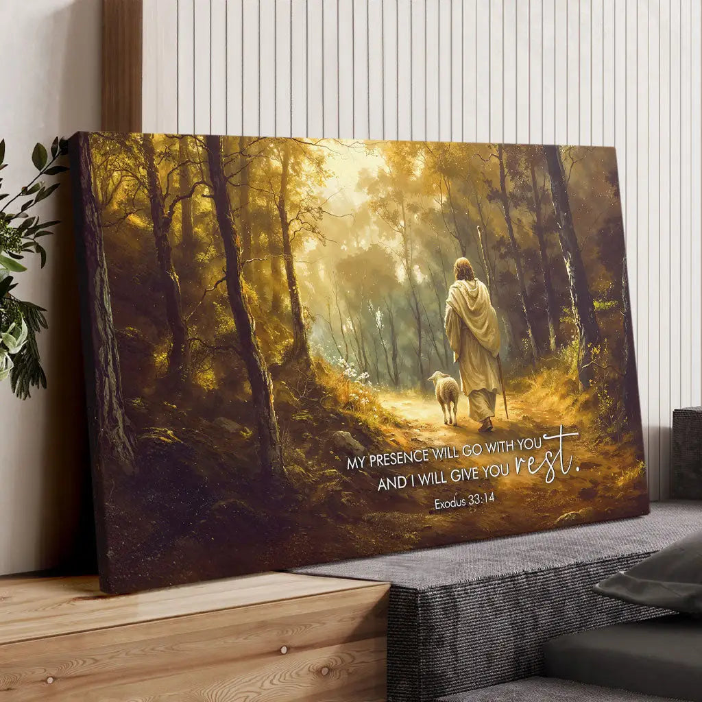 Exodus 33:14 wall art, Jesus and lamb in golden forest, Christian gift for prayer space or hallway.