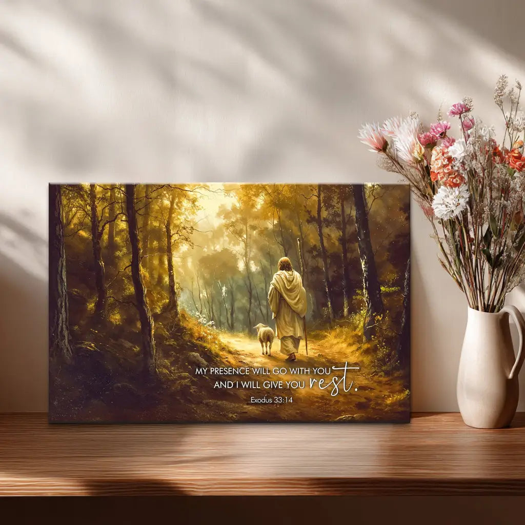 Faith-based wall art with Jesus and lamb, Exodus 33:14 canvas for home, church, or prayer space.