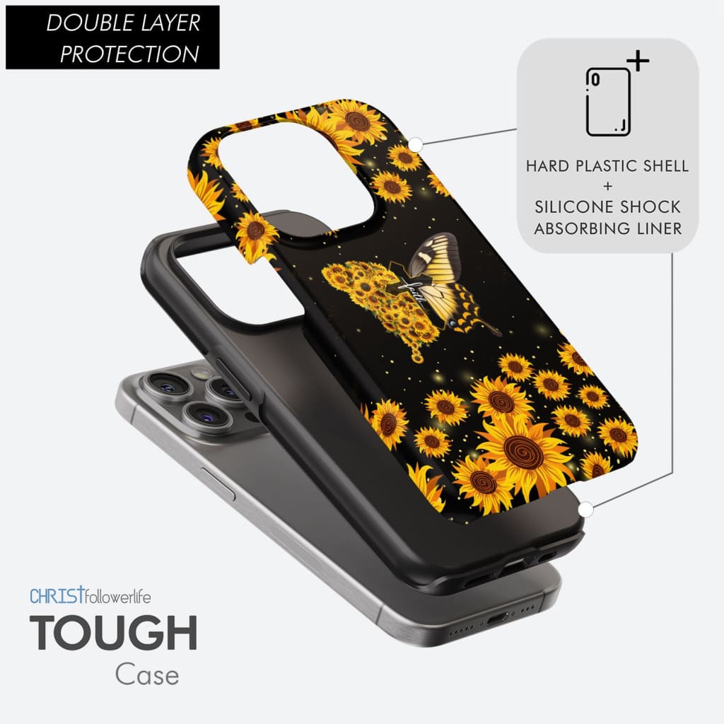 Double Layer Protection, Faith Cross Butterfly Sunflower Christian Phone Case