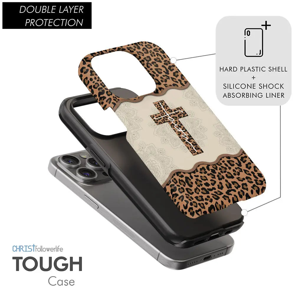 Phone case featuring a faith cross with leopard print, ideal for those seeking a blend of Christian inspiration and trendy design.