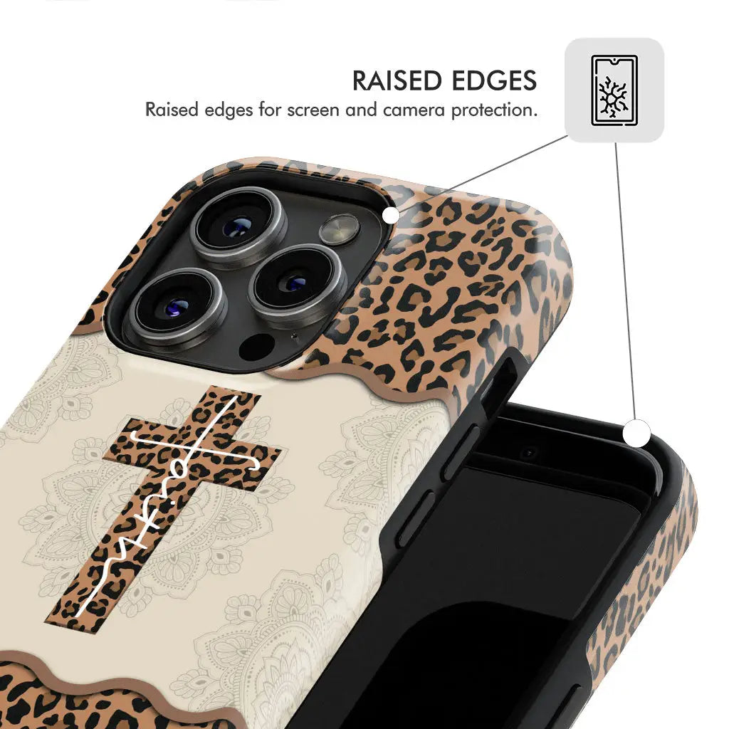 Christian phone case with a faith cross and leopard pattern, reflecting both faith and fashion in a trendy phone accessory.
