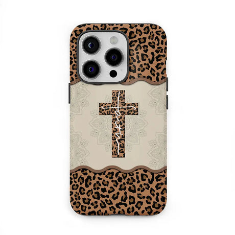 Christian phone case with a leopard print design and faith cross, perfect for stylish and inspirational faith-based accessories.