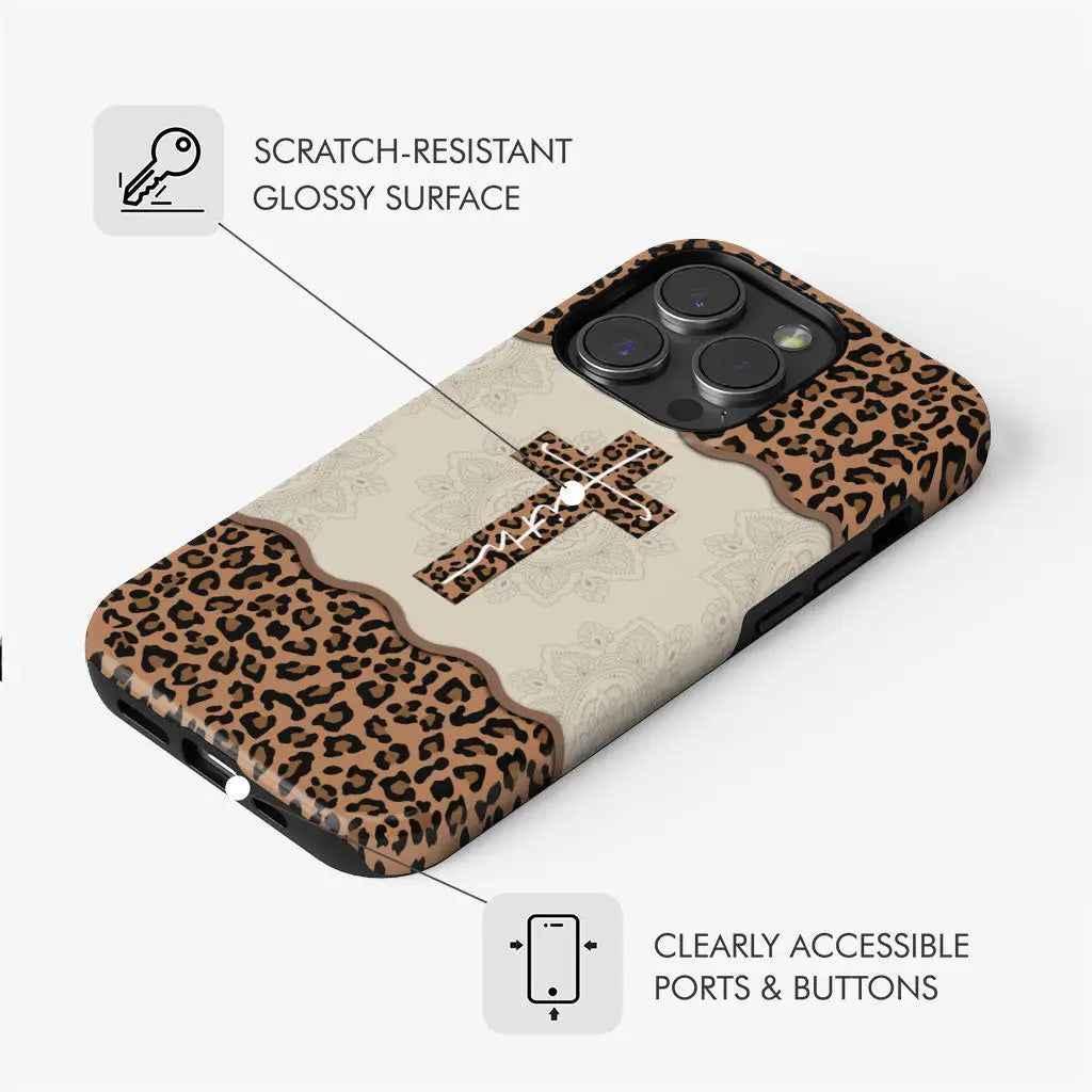 Inspirational phone case with a leopard cross pattern, combining faith and fashion for a unique Christian accessory.