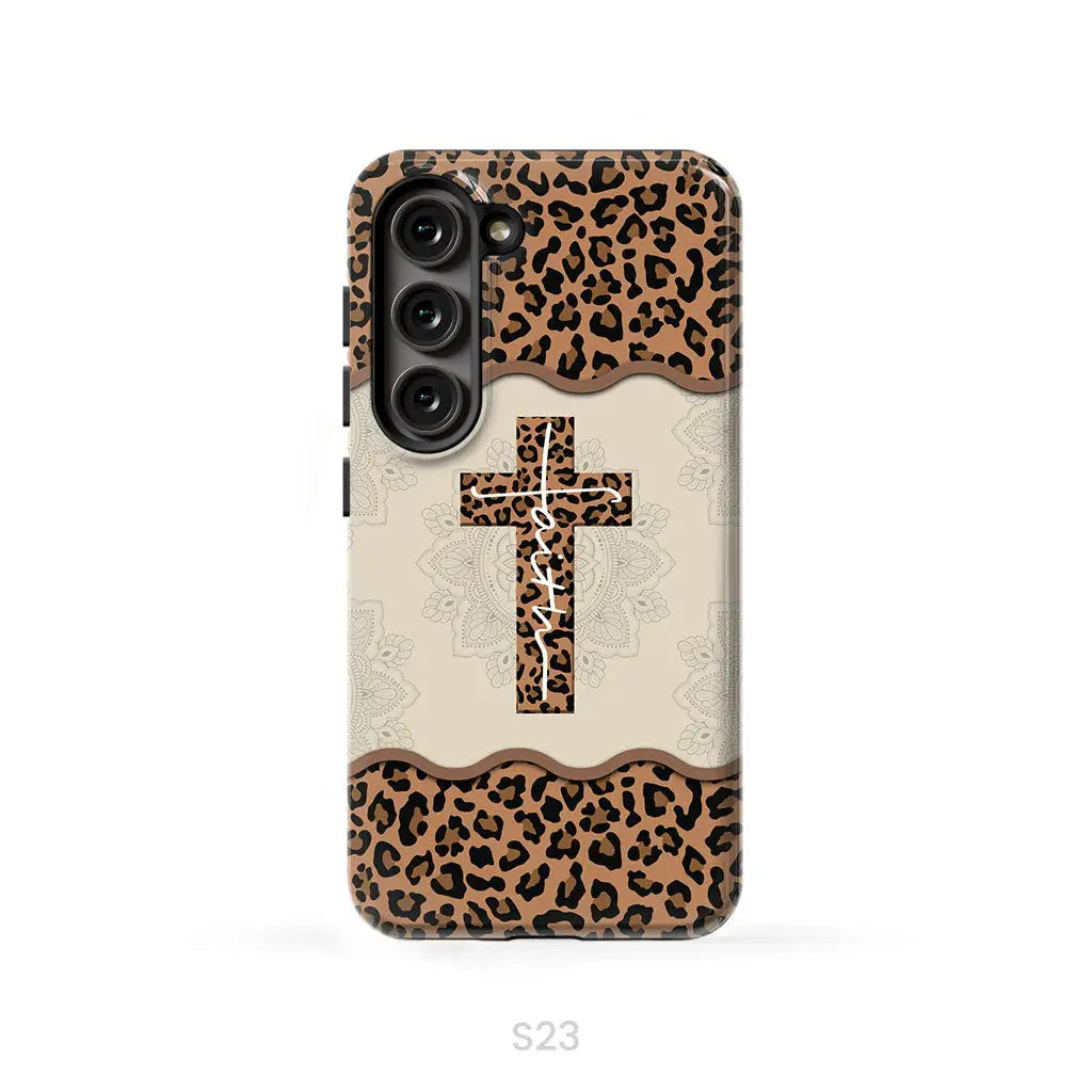 Faith cross leopard Christian phone case - cases Samsung Galaxy S23 (Not for FE) / Tough