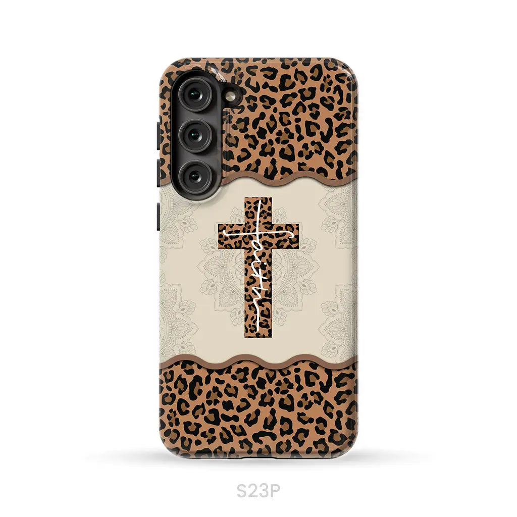 Faith cross leopard Christian phone case - cases Samsung Galaxy S23 Plus / Tough