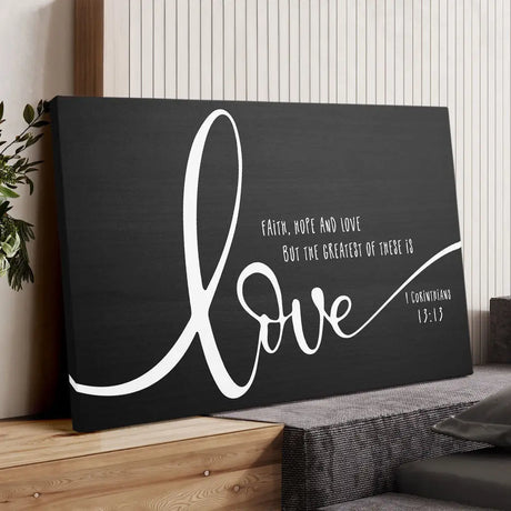 Inspirational faith-based wall art with Bible verse, Christian gift about love, faith, and hope.