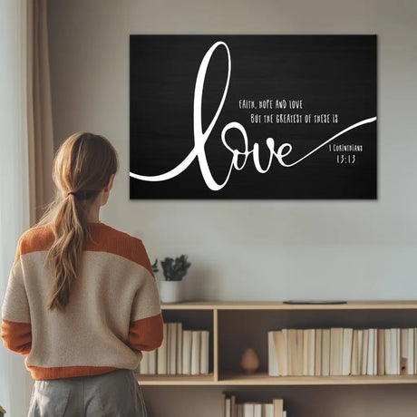 Christian rustic canvas print, 1 Corinthians 13:13 scripture on faith, Jesus, religion, and love.