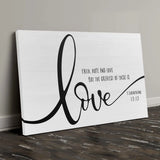 1 Corinthians 13:13 Christian gift, rustic scripture canvas with faith, hope, and love message.