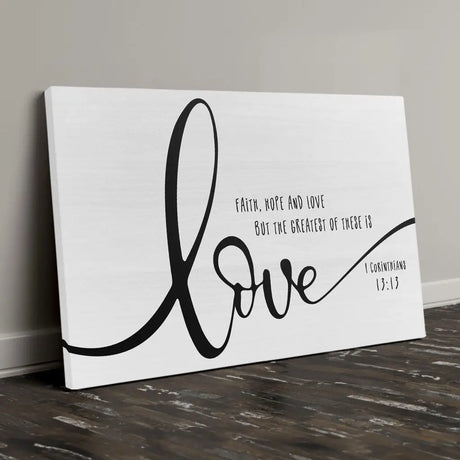 1 Corinthians 13:13 Christian gift, rustic scripture canvas with faith, hope, and love message.