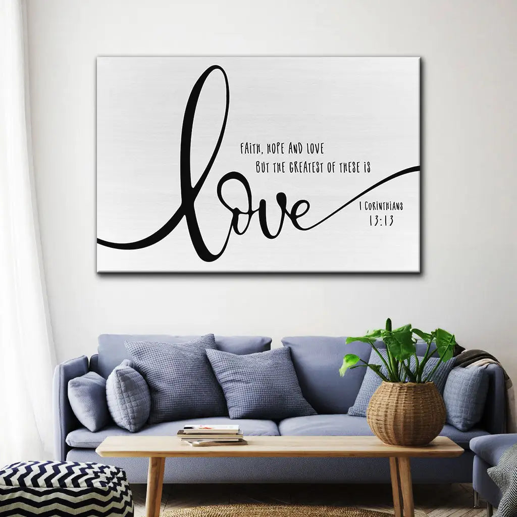 Christian farmhouse canvas art with scripture on love, faith, and hope, inspirational Bible verse. White / 12’’ x 8’’
