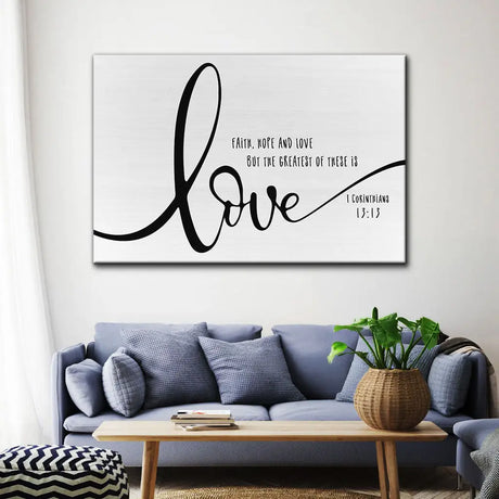 Christian farmhouse canvas art with scripture on love, faith, and hope, inspirational Bible verse. White / 12’’ x 8’’